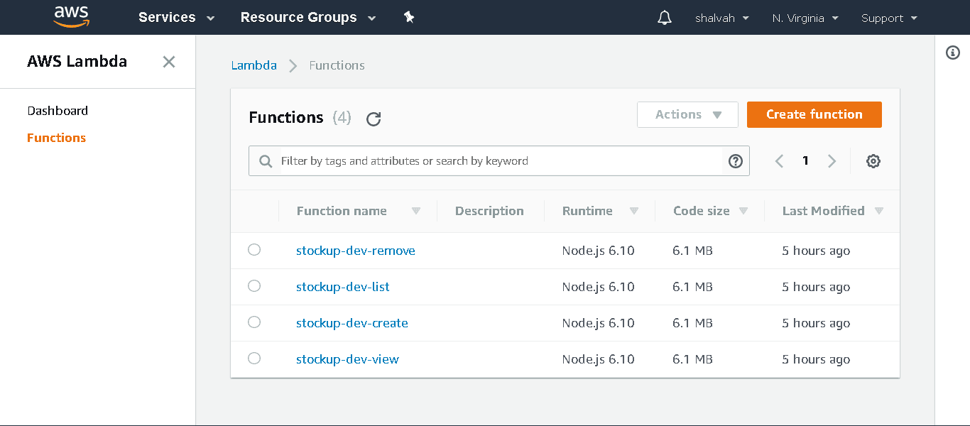 screenshot of lambda functions list