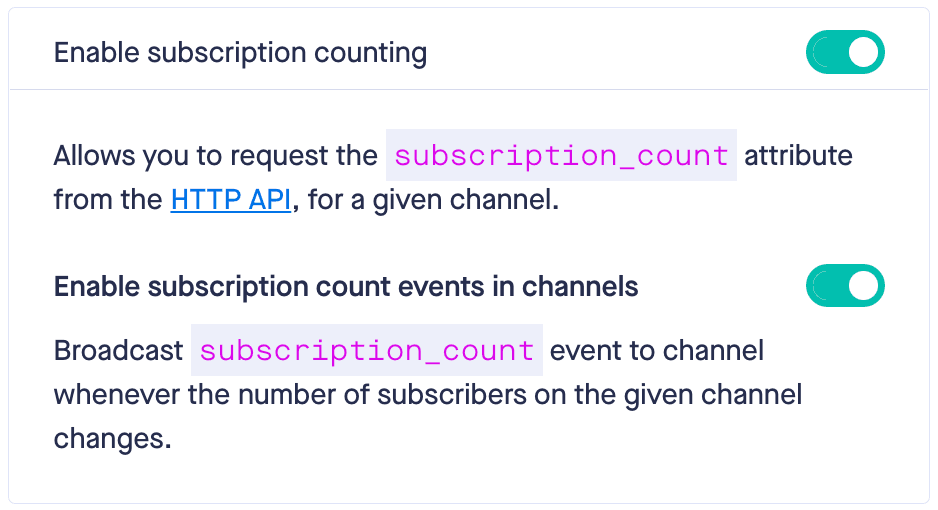 Subscription count event feature under App Settings in Pusher channels